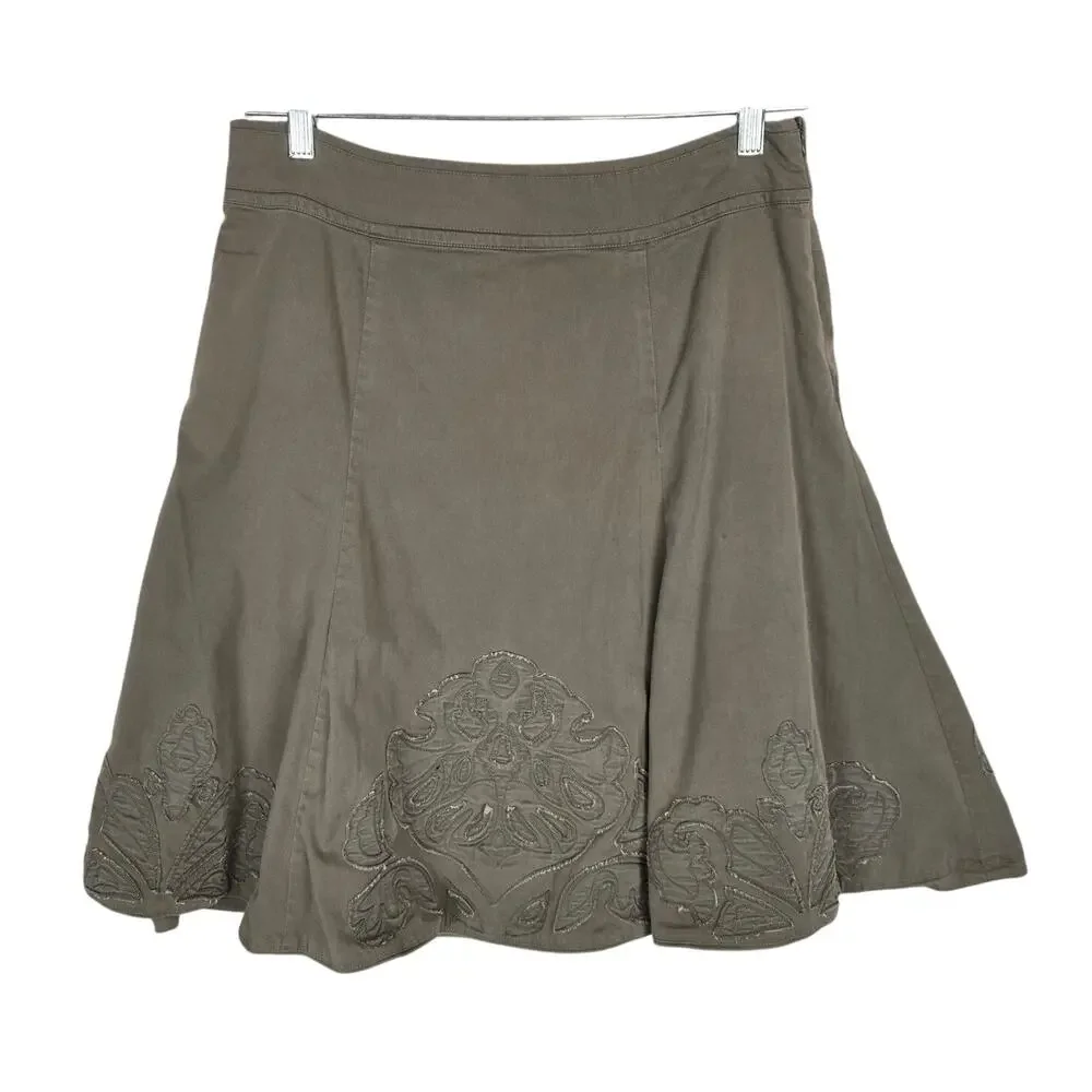 Coldwater Creek Olive Green Embroider Flare Pleated Skirt 10/12 Whimsigoth Boho